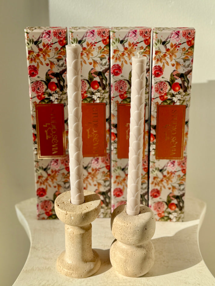 CORALIE - 2'li Kabuk Desen Şamdan Mum (Pudra)